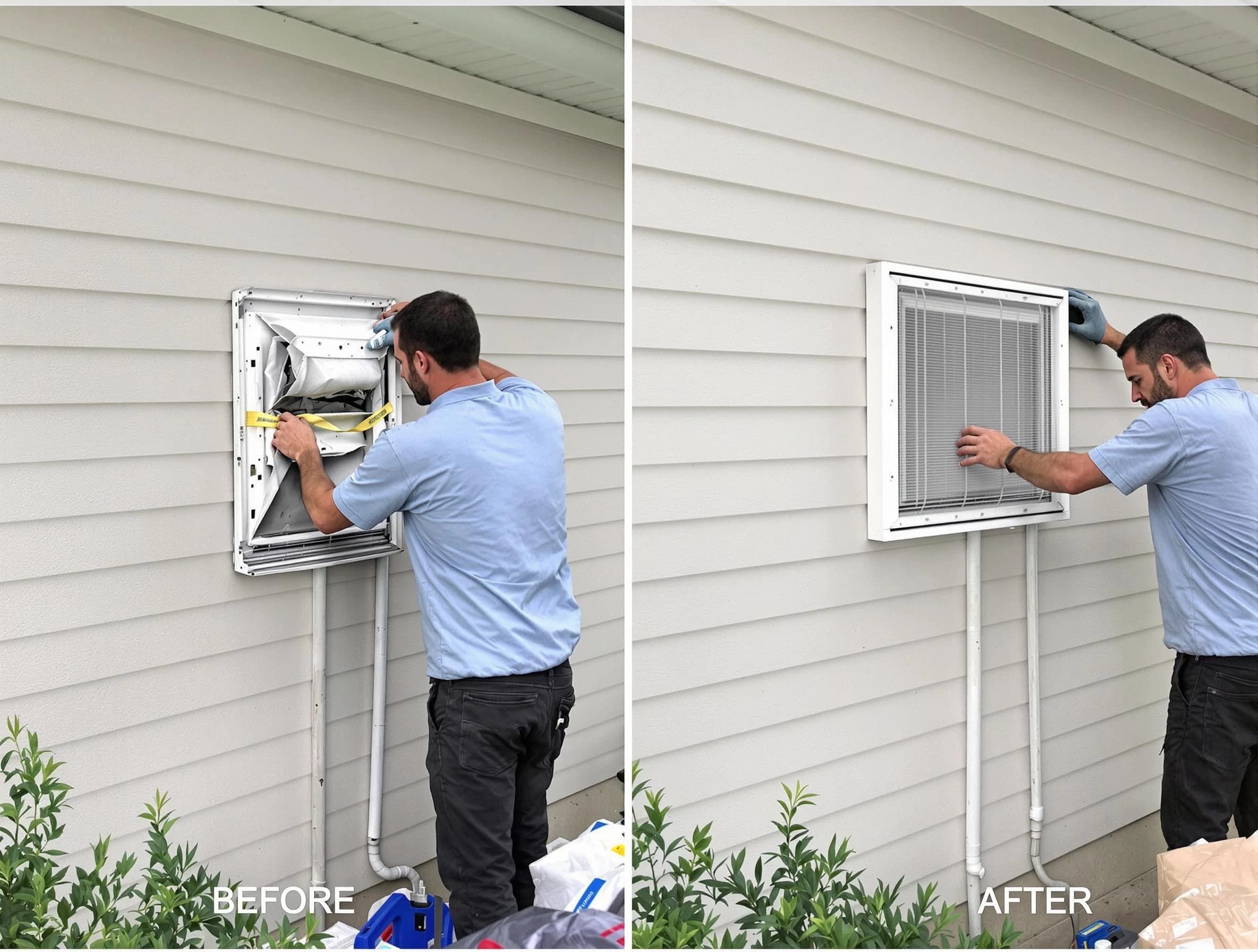 Walpole Dryer Vent Cleaning technician installing high-quality dryer vent cover at a residential property in Walpole