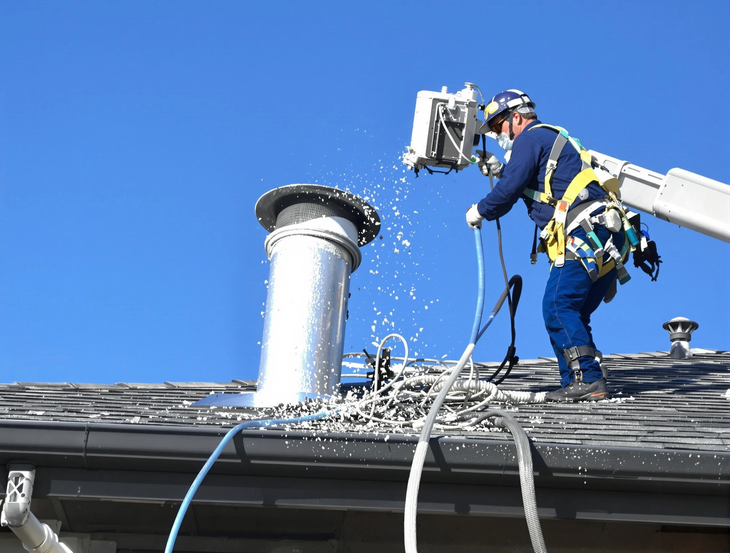 Walpole Dryer Vent Cleaning certified technician safely cleaning a roof-mounted dryer vent in Walpole
